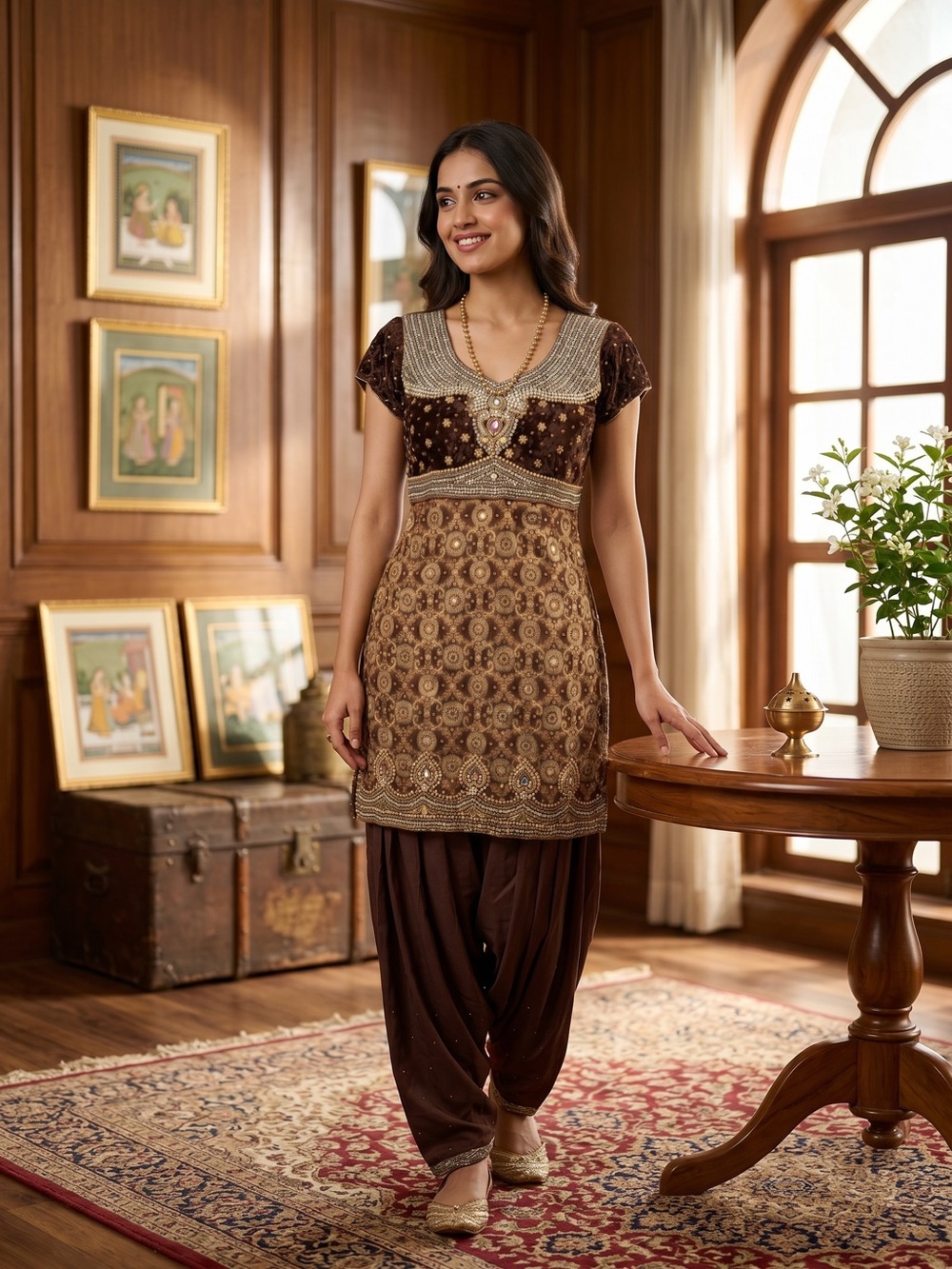 Stone Embroidered Brown Short Kurta with Patiala Pants - 2 piece